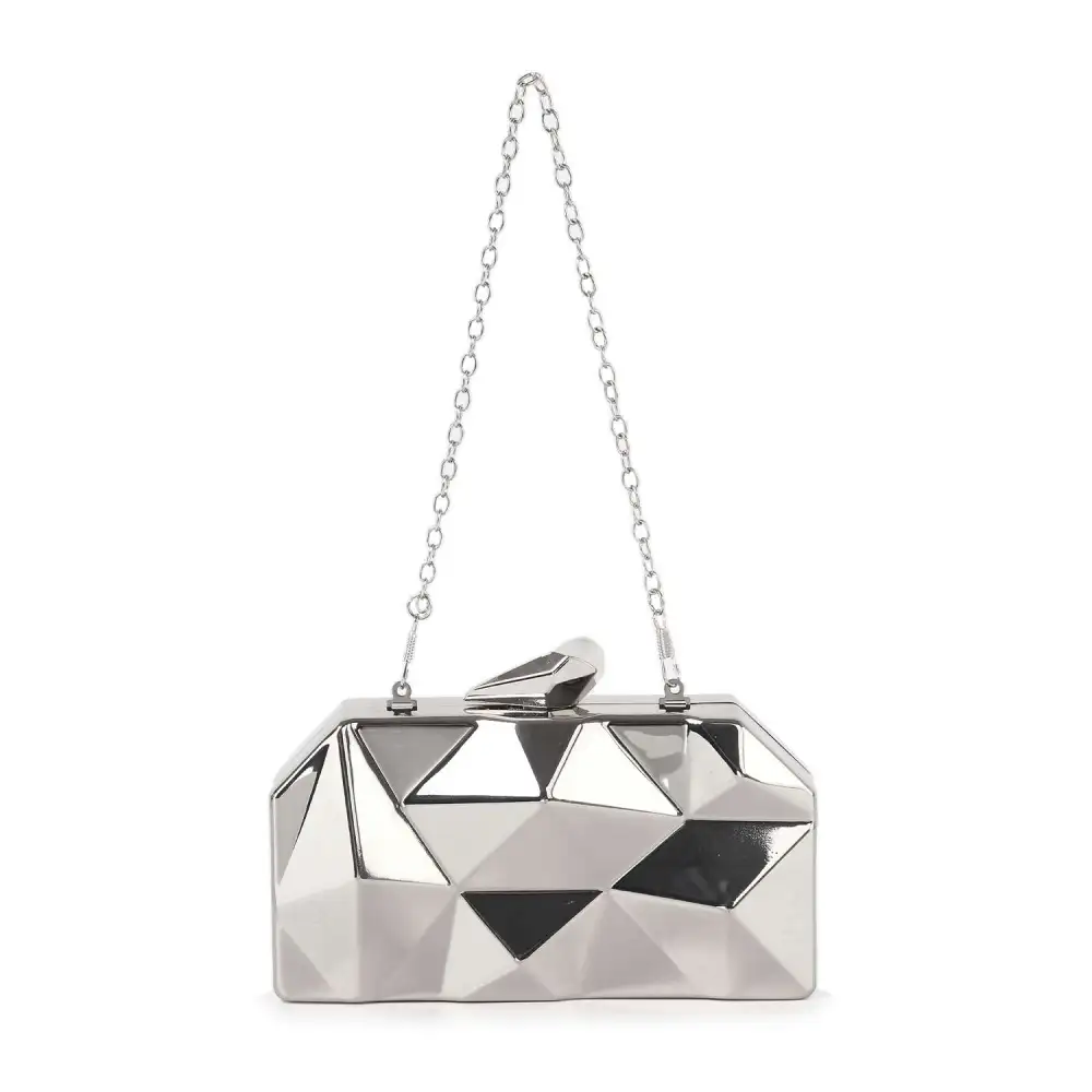 Chain Accent Metallic Finish Evening Clutch Bag