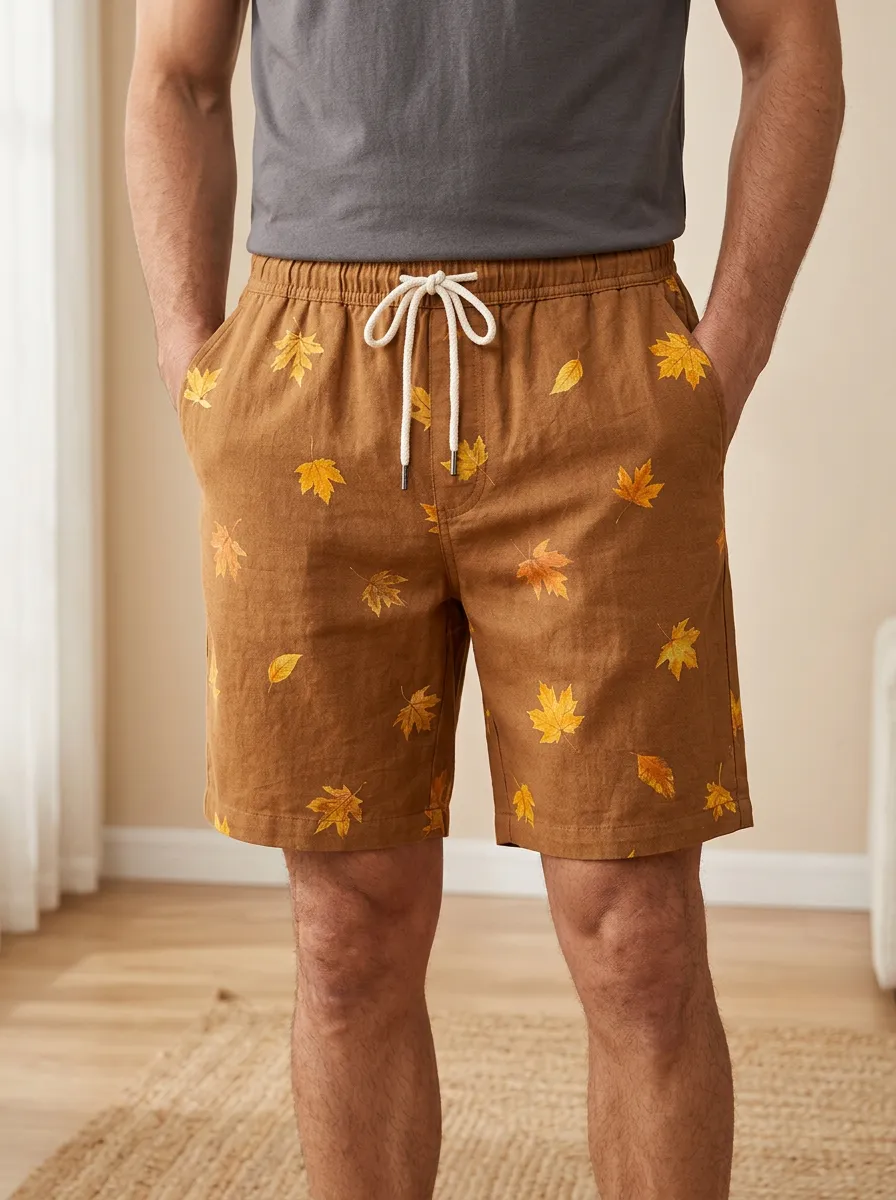Maple Leaf Print Elastic Waist Elastic Waist Shorts