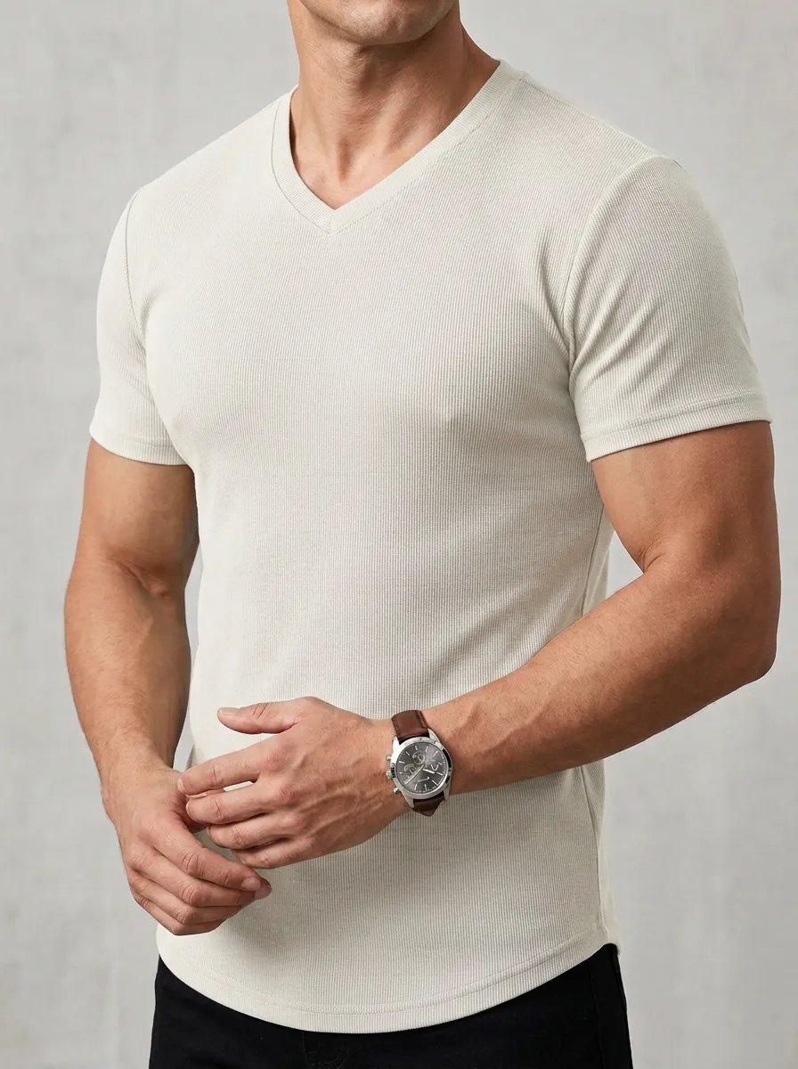 V-Neck Ribbed Curved-Hem Men's Slim-Fit T-Shirt