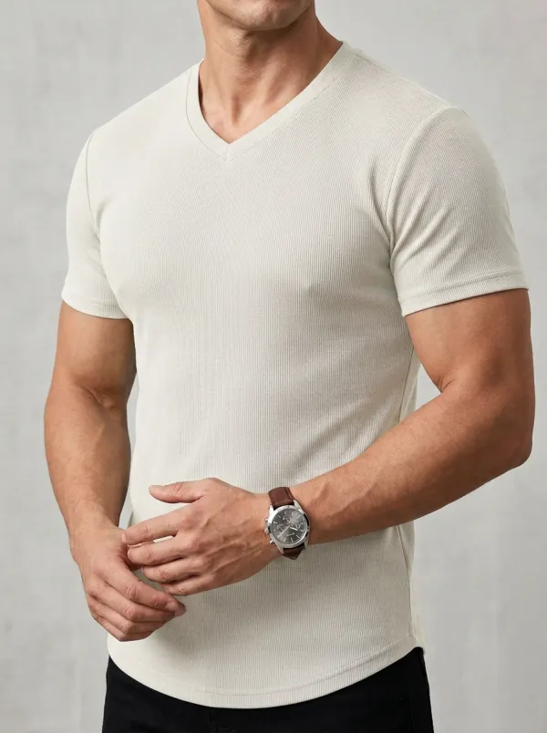 V-Neck Ribbed Curved-Hem Men's Slim-Fit T-Shirt