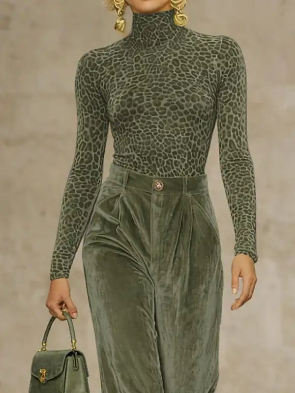 Long Sleeve Slim Fit Leopard High Neck T-Shirt