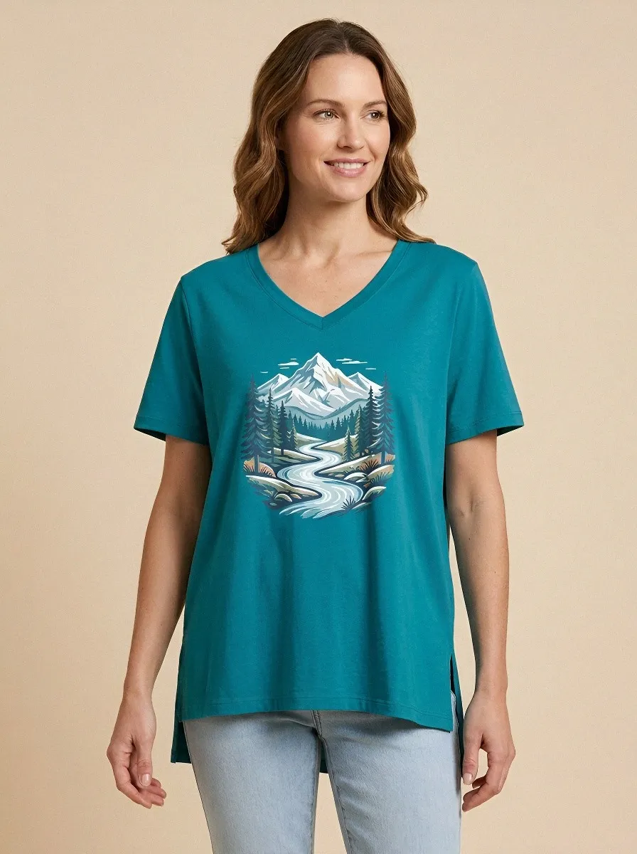 Women's Mountain River Forest Graphic V-Neck T-Shirt