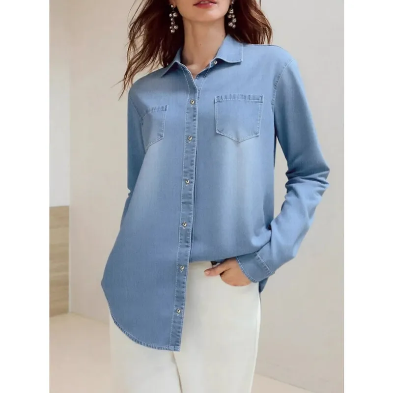 Plus Size Button-Up Long-Sleeve Denim Shirt