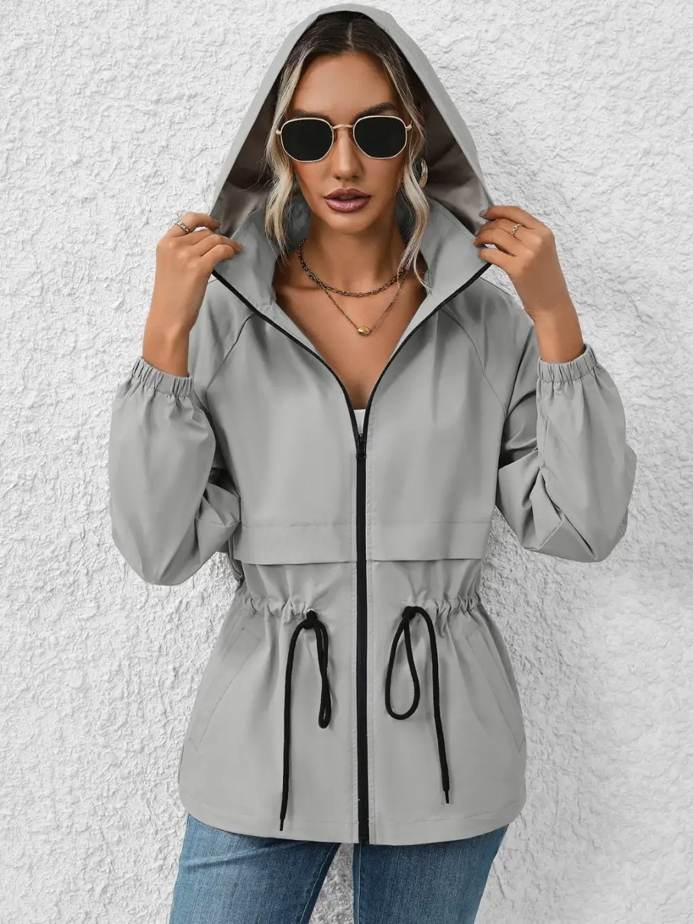 Drawstring Zip-up Hooded Jacket