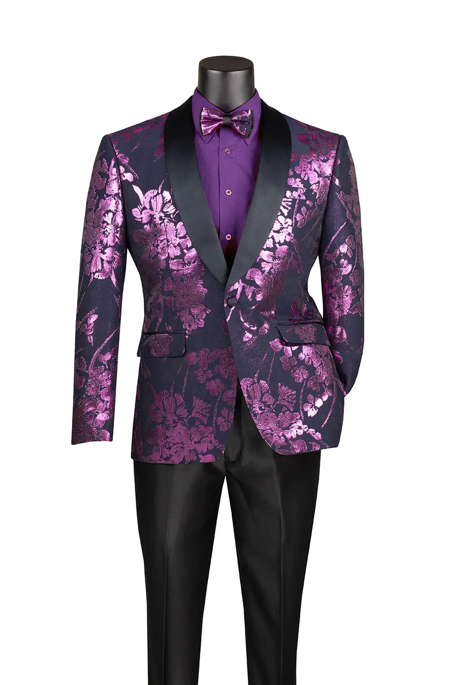 Lavender Slim Fit Floral Single Breasted Shawl Lapel Side Vents Jacket