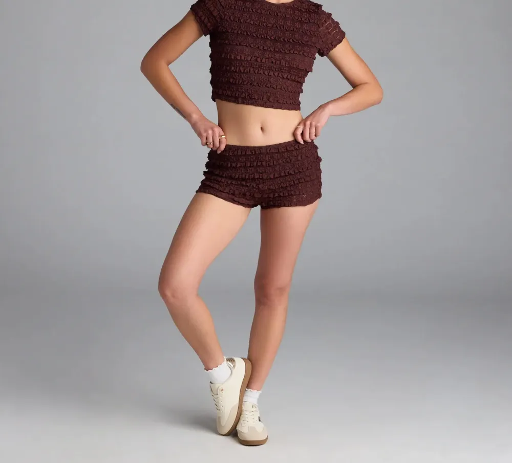 Brown Lace Low-Rise Ruffled Shorts
