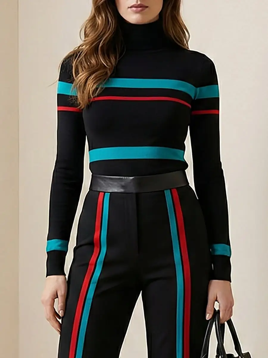 Striped High Neck Long Sleeve Pullover Sweater
