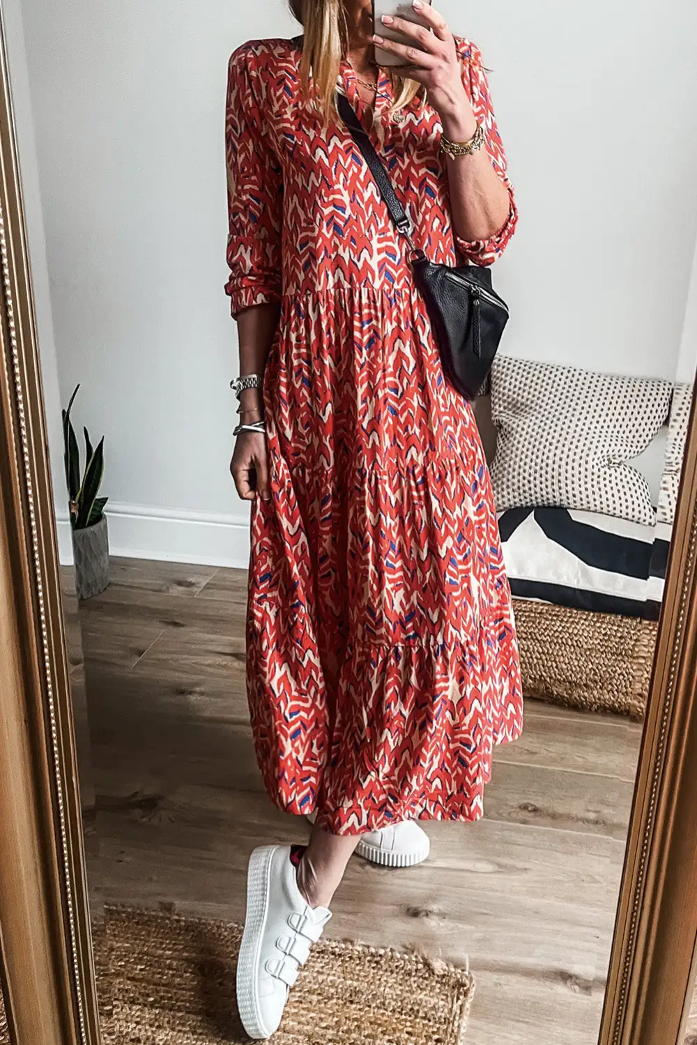 Abstract Print V Neck Pleated Midi Dress