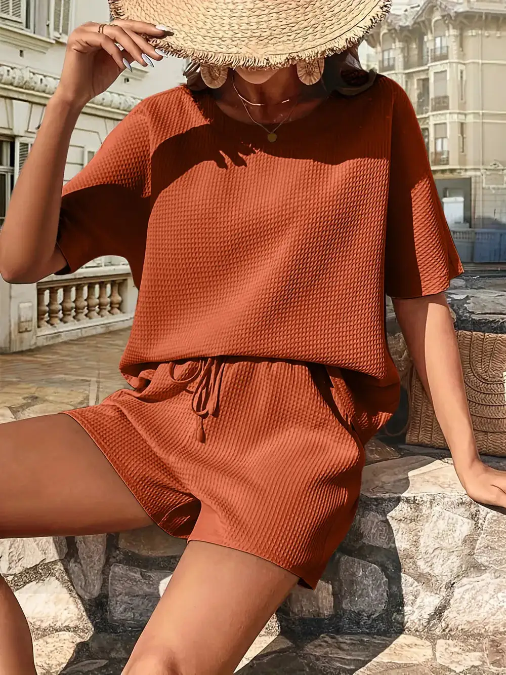 Waffle Knit Half Sleeve Top and Shorts Set