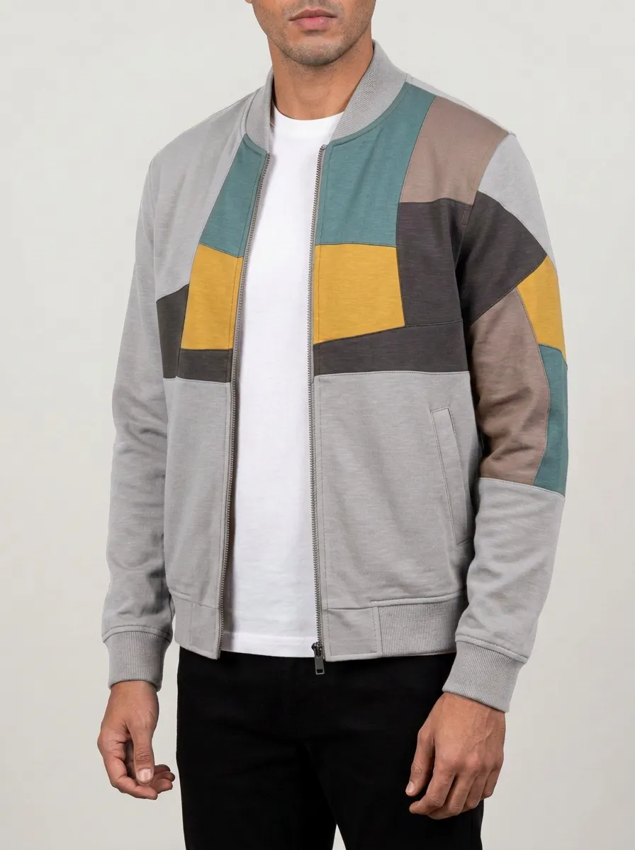 Men's Casual Fashion Colorblock Patchwork Printed Bomber Jacket