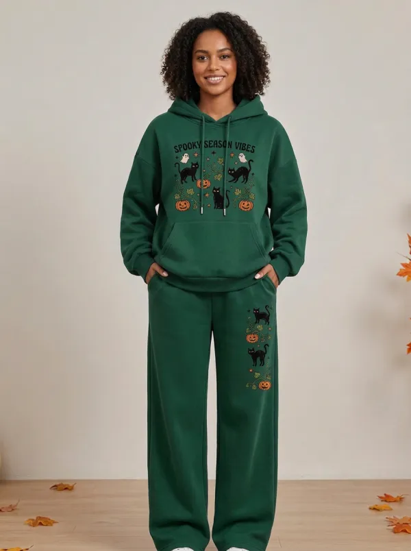 Women's Halloween Spooky Season Black Cat Pumpkin Printed Hoodie Pants Set