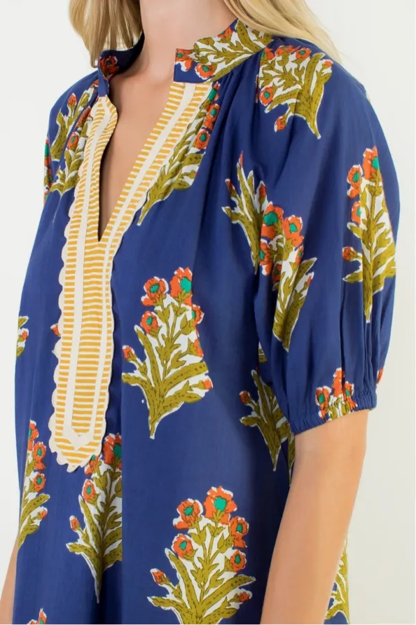 Navy Floral Puff Sleeve V-Neck Dress