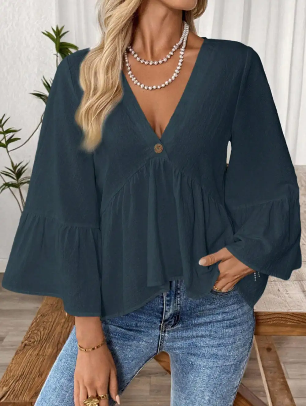 V-Neck Ruffle Sleeve Cotton Top