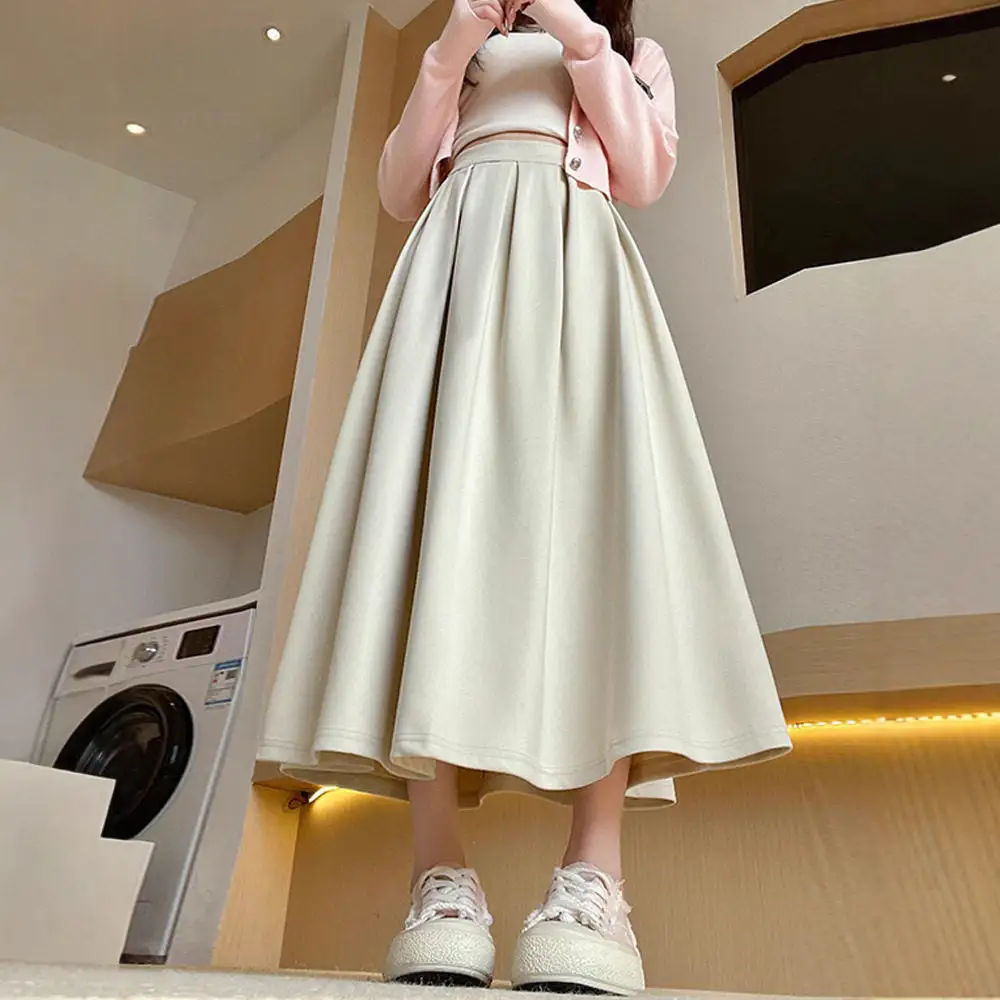 Classic High Waist Wool A-Line Pleated Midi Skirt