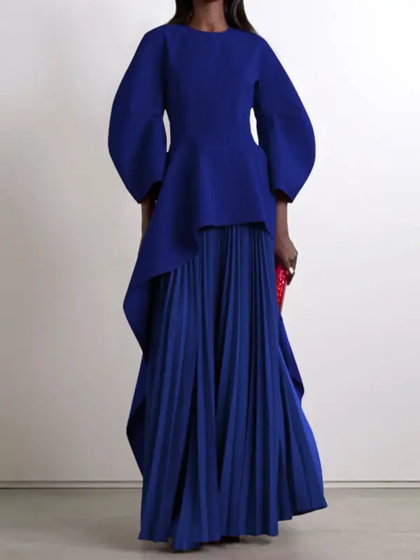 Tiered Pleated Long Neck Maxi Dress