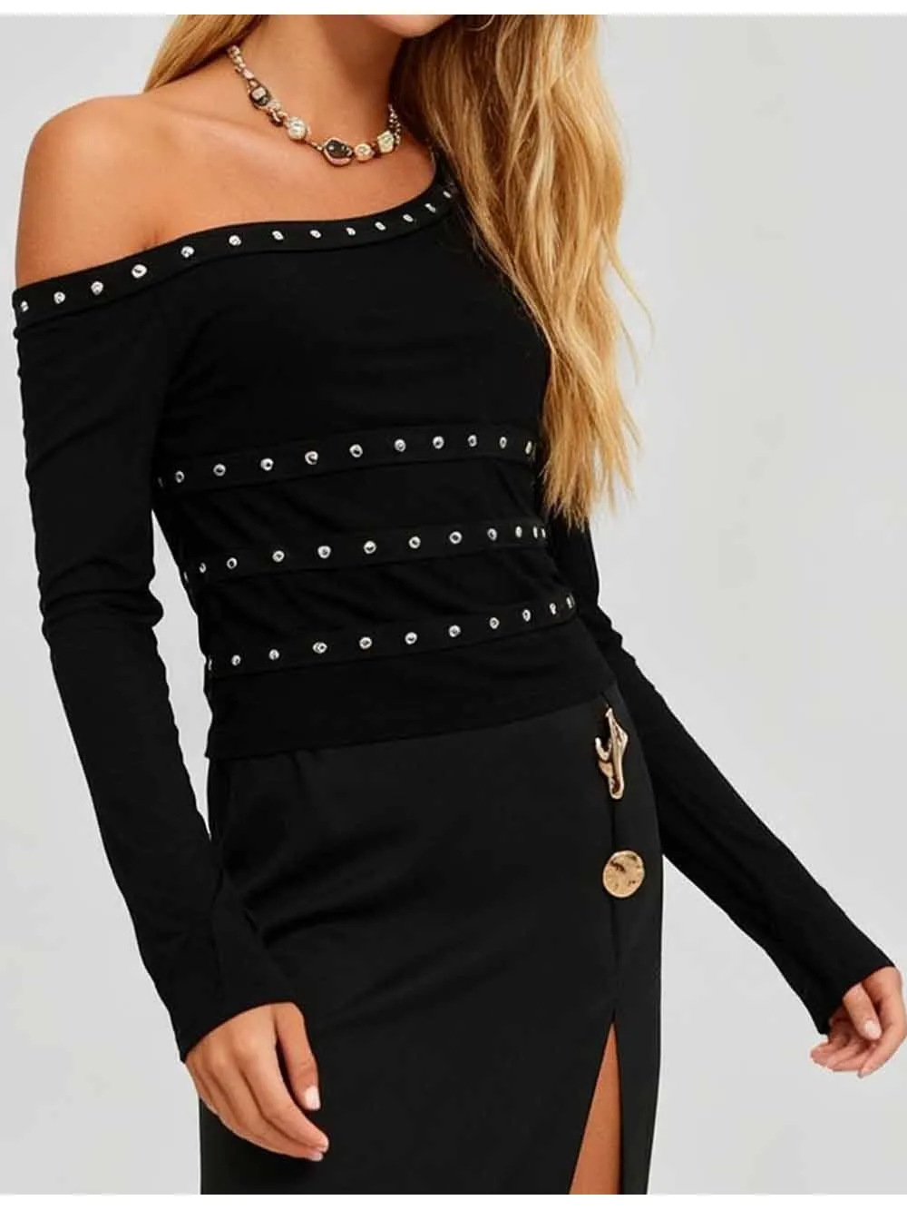 Metal Stud One Shoulder Long Sleeves Top