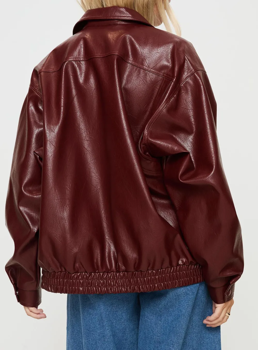 Burgundy Oversized Faux Leather Jacket