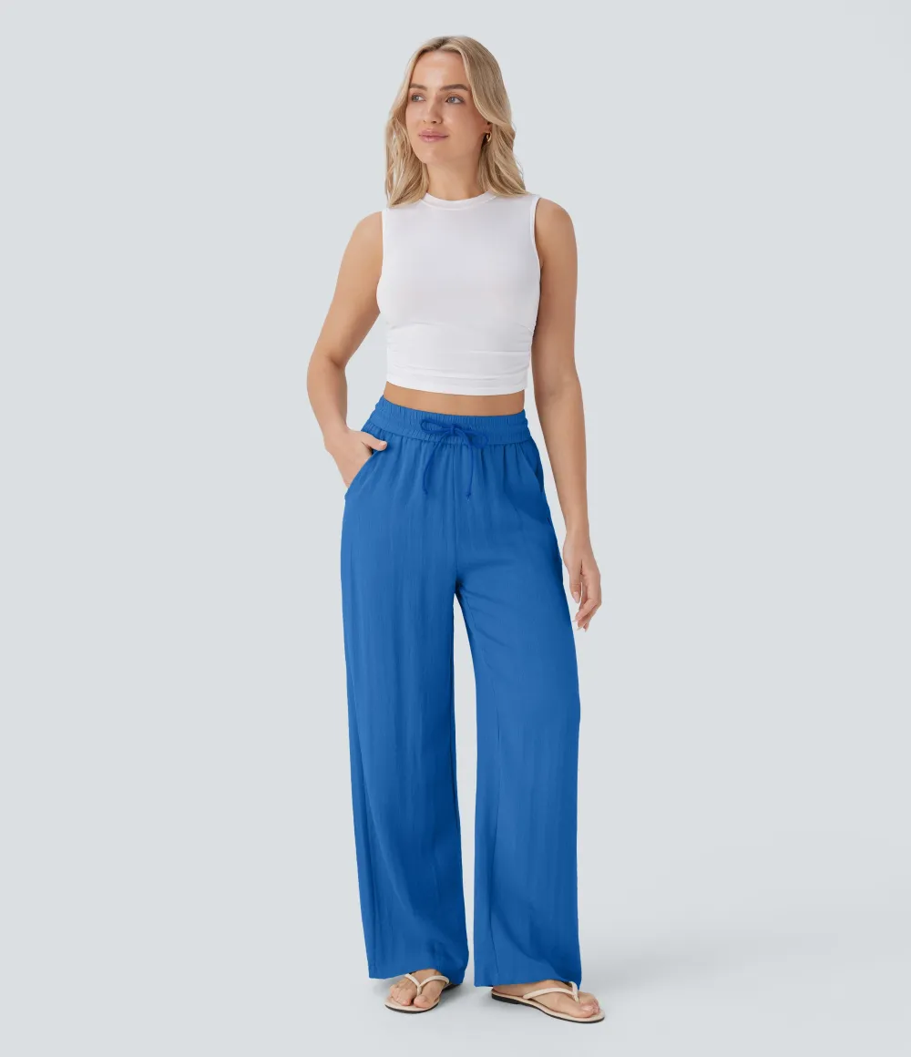 2026🔥  High Waisted Drawstring Pocket Wide Leg Casual Linen-Feel Pants