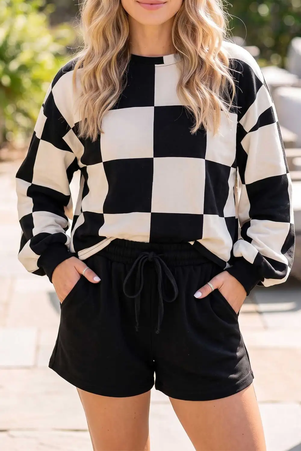 Women's Matching Checkerboard Plaid Long Sleeve Solid Color Shorts Two Piece Set