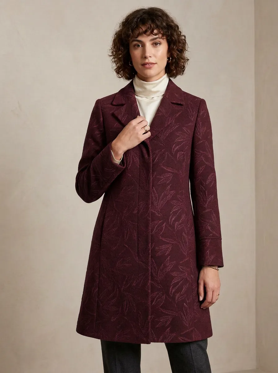 Women's Navy Blue Leaf Pattern Coat