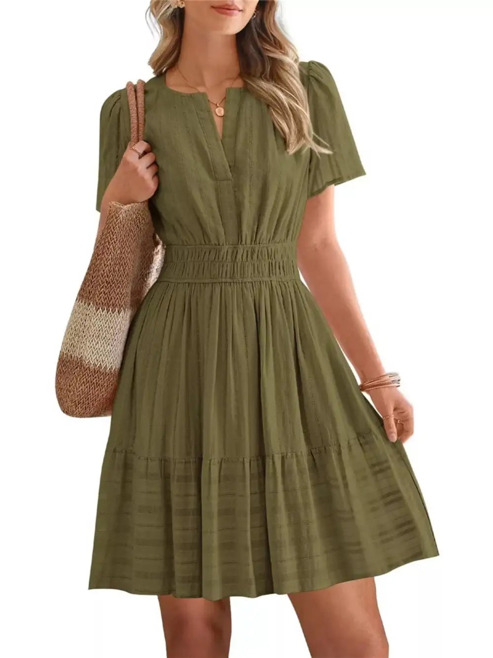 Tiered Smocked Short Sleeve Casual Dress