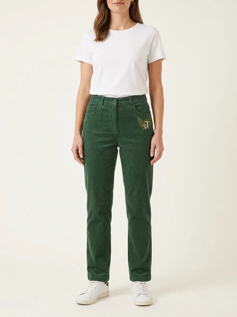 Women's Mushroom Fern Embroidered Five-Pocket Straight-Leg Corduroy Pants