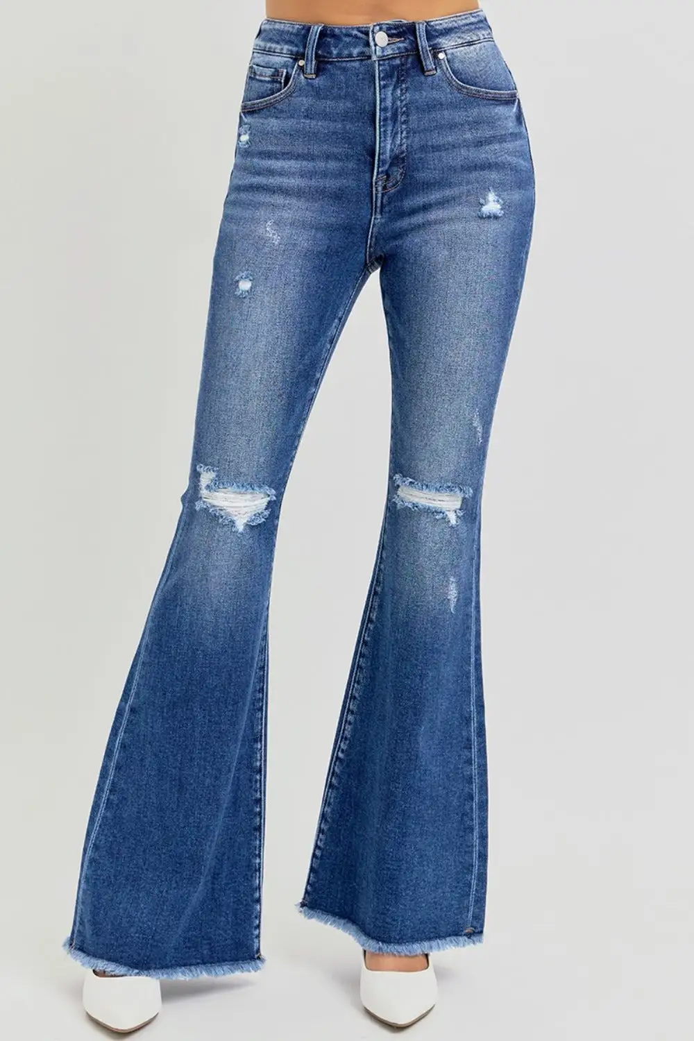 High Rise Distressed Raw Hem Flared Denim Jeans