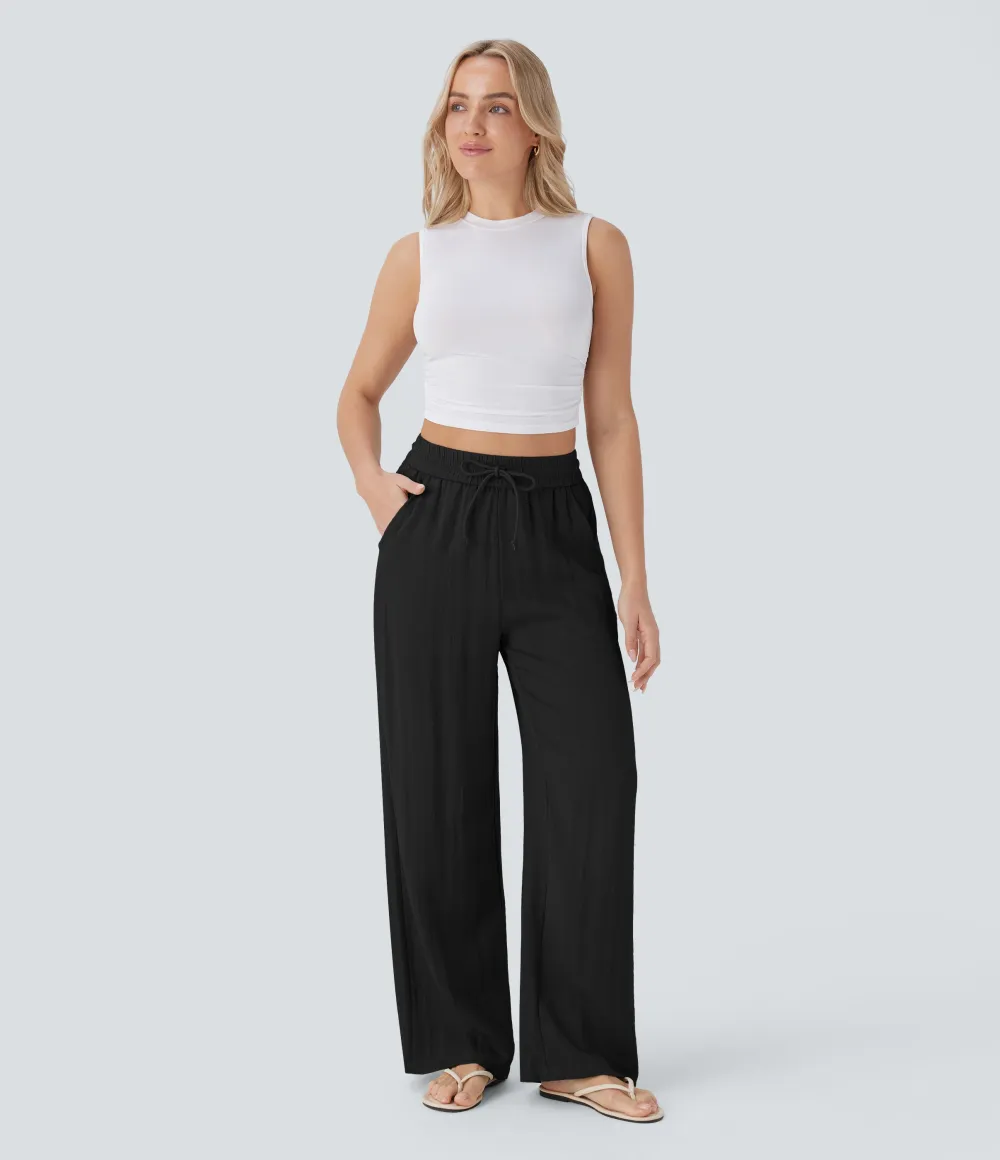 2026🔥  High Waisted Drawstring Pocket Wide Leg Casual Linen-Feel Pants