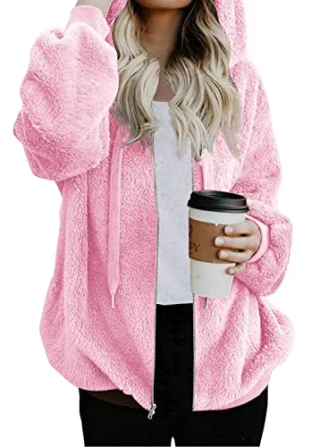Womens Full Zip Up Sherpa Hoodie Fuzzy Fleece Jacket Oversized Fluffy Coat with Pockets