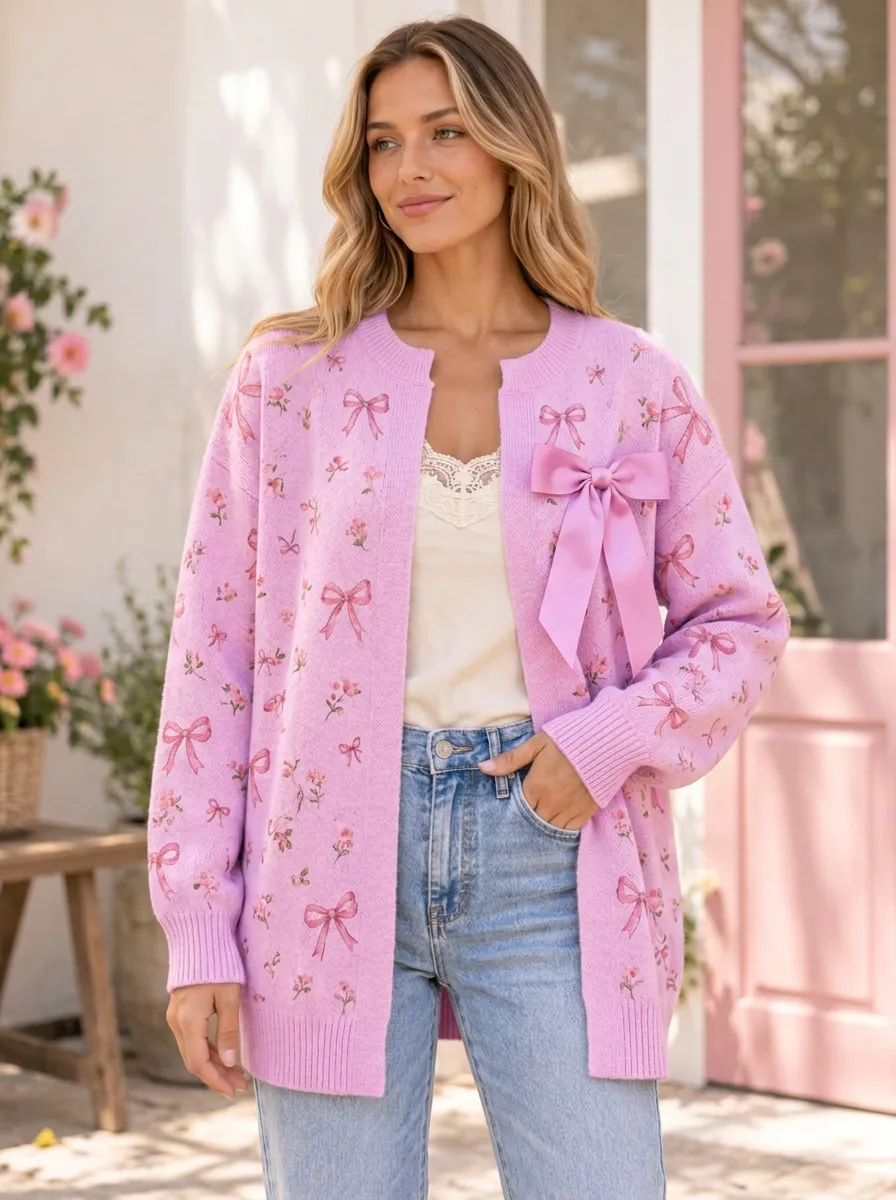 Women's Everyday Floral Coquette Ribbon Bow Printed Cardigan