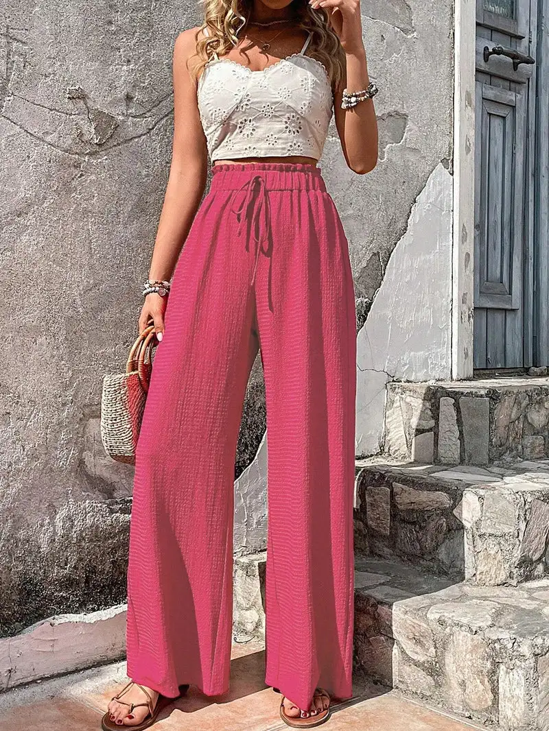 Bubble-Hem Woven Summer Wide-Leg Pants
