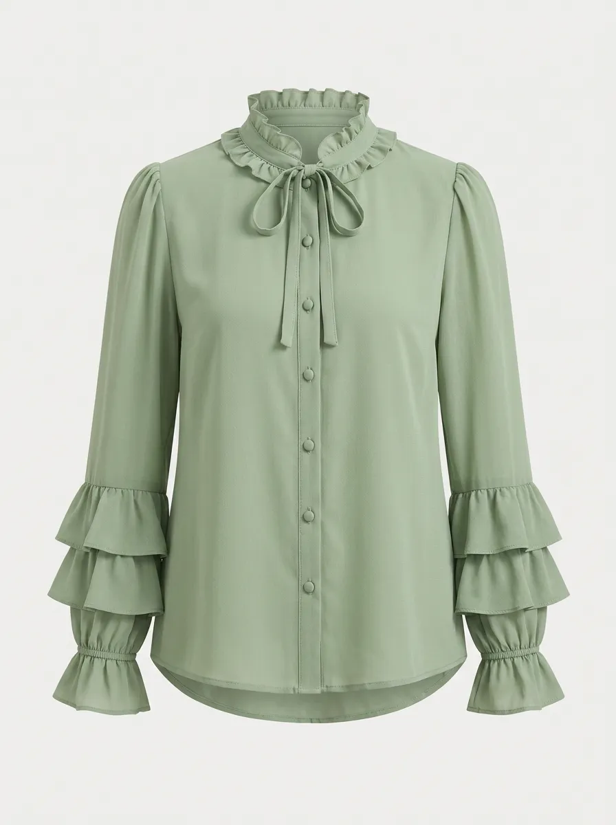 Women's Sage Green Ruffle Mock Neck Tiered Sleeve Button Up Blouse