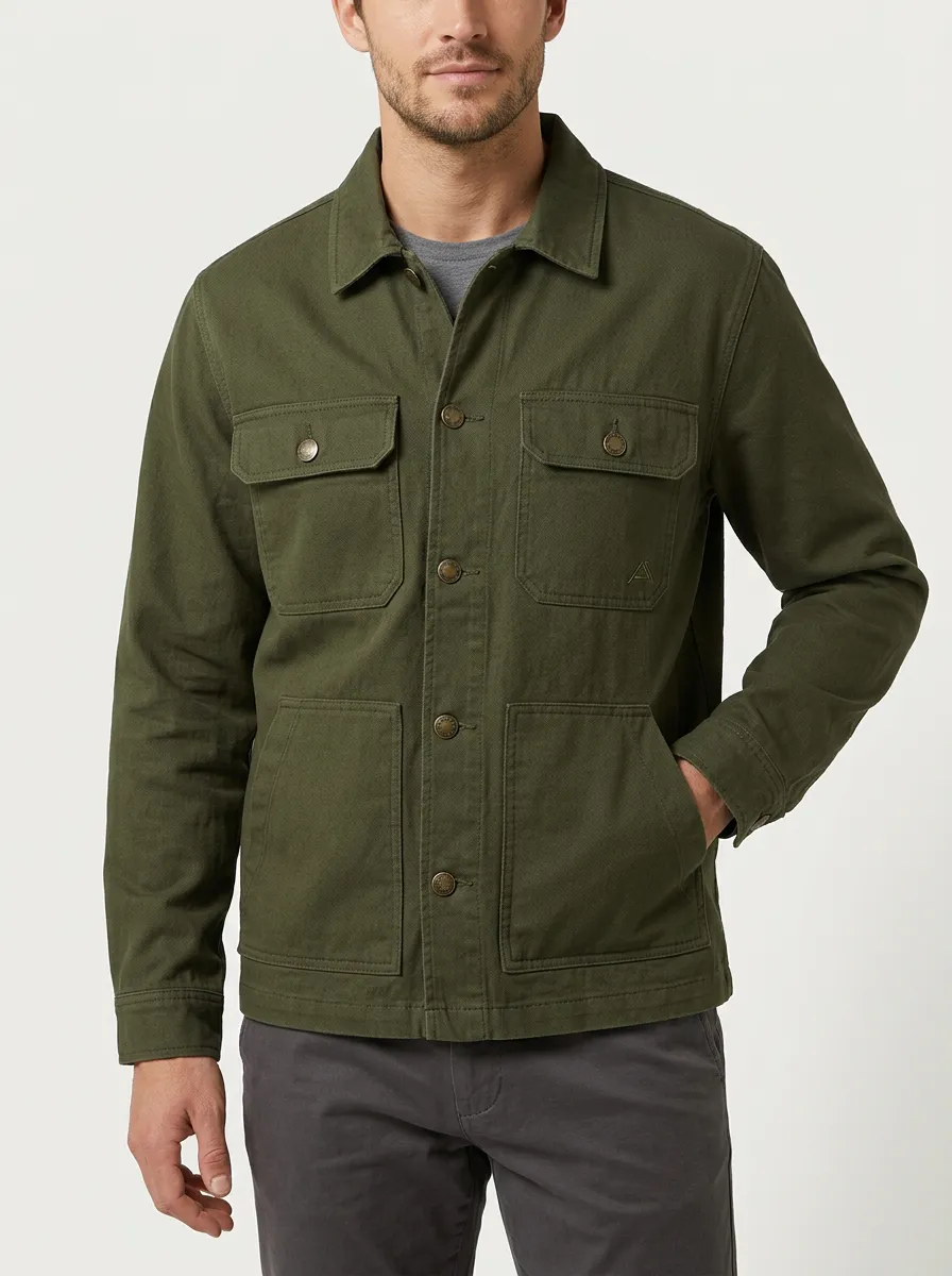 Men's Olive Green Utility Button-Down Canvas Jacket