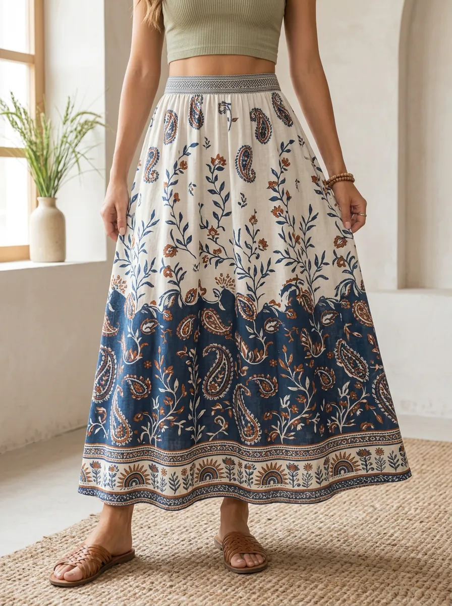 Women's Boho Floral Paisley Printed Maxi Skirt