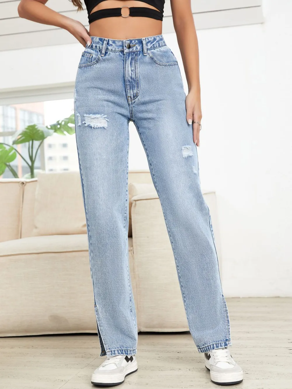 Distressed Washed Slit Pocketed Straight Leg Jeans