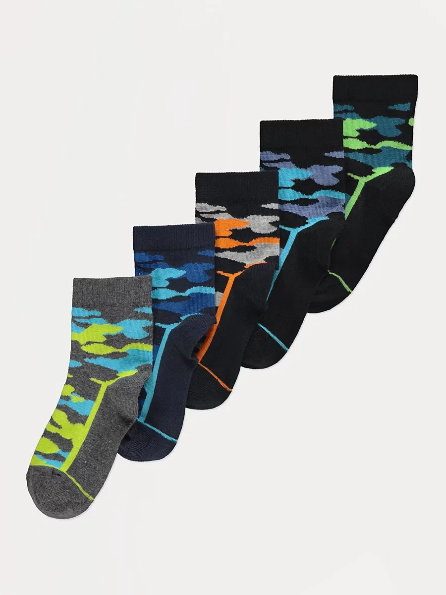 Black Camo Print Ankle Socks 5 Pack