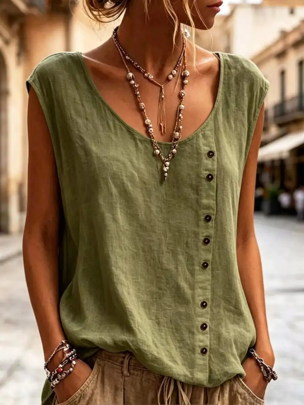 Round-Neck Button-Detail Tank Top