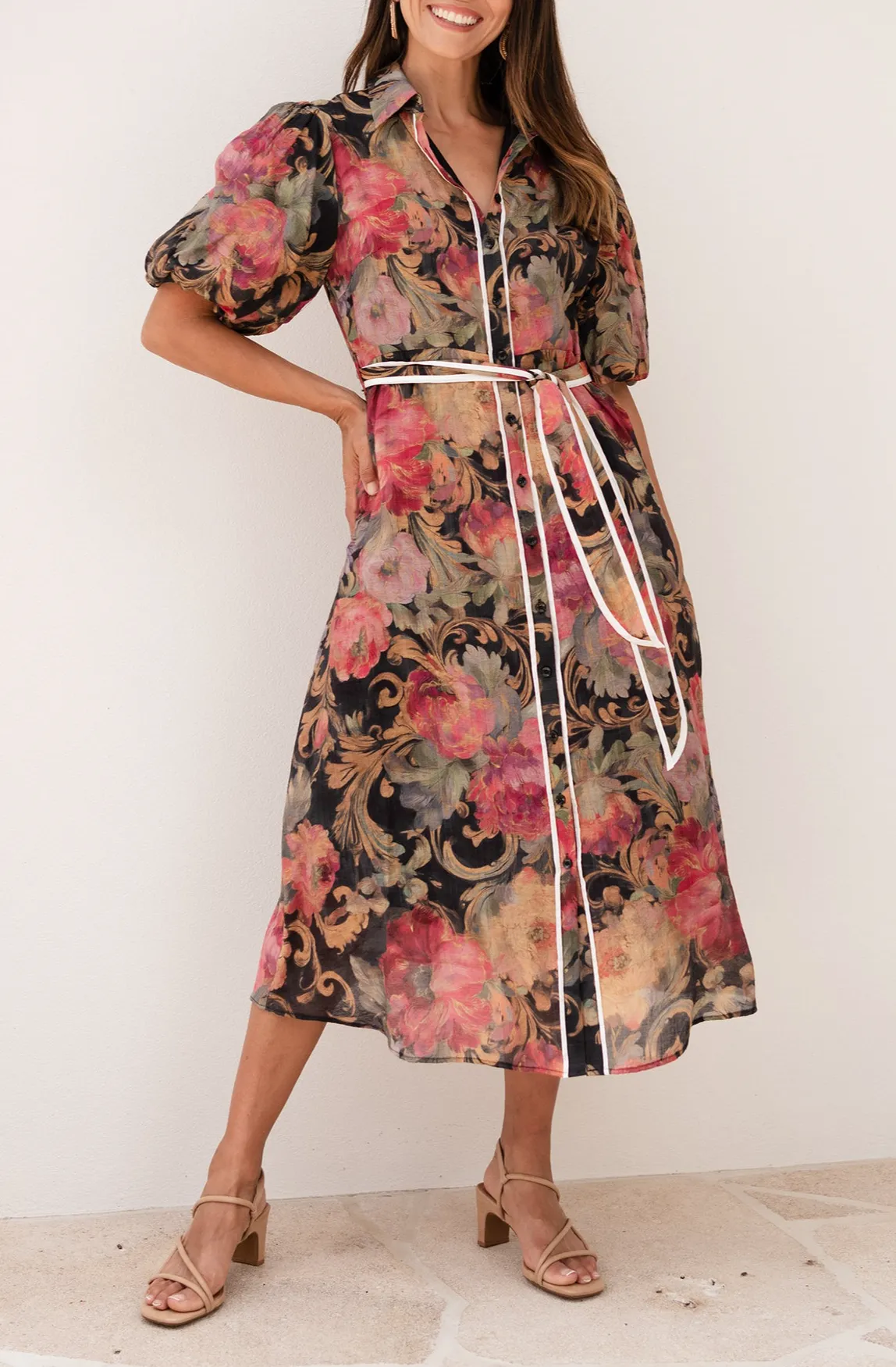 Below-Knee Floral Cotton Pocket Collared Half-Sleeve A-Line Dress