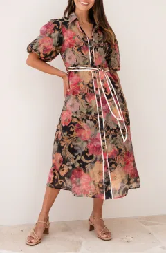 Below-Knee Floral Cotton Pocket Collared Half-Sleeve A-Line Dress