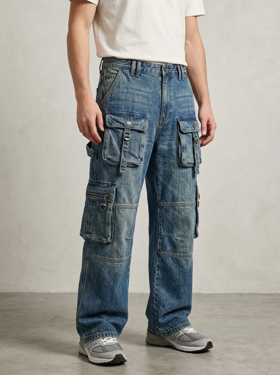 Men's Wash Multi-Pocket Button Zip Fly Cargo Jeans