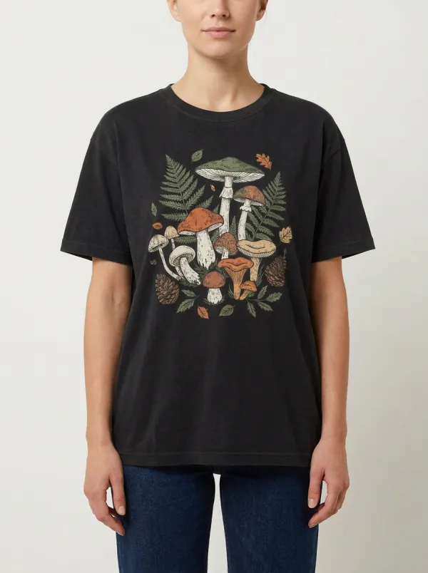 Women's Mushroom-Fern-Graphic Short-Sleeve Crewneck T-Shirt