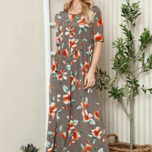 Floral Round Neck Short Sleeve Maxi Tee Dress