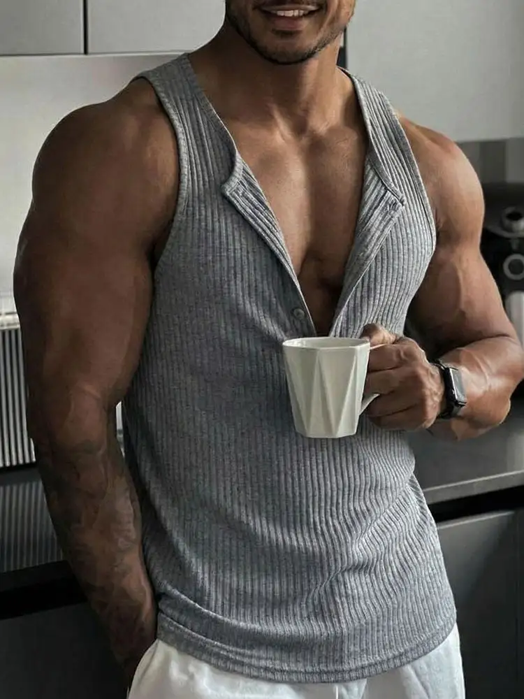 Casual Sporty Vertical Ribbed Henley Tank Top