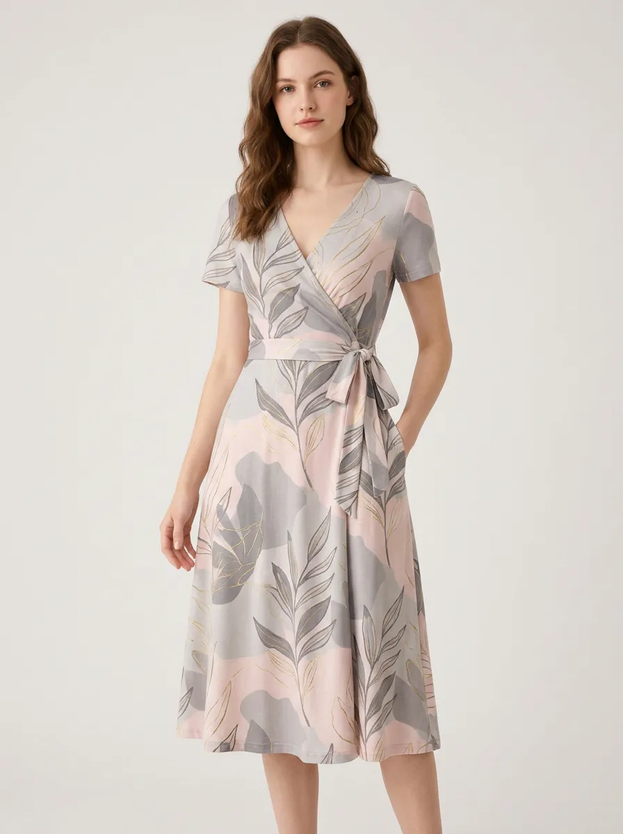 Women's Botanical Floral Gold Foil Printed Wrap Dress