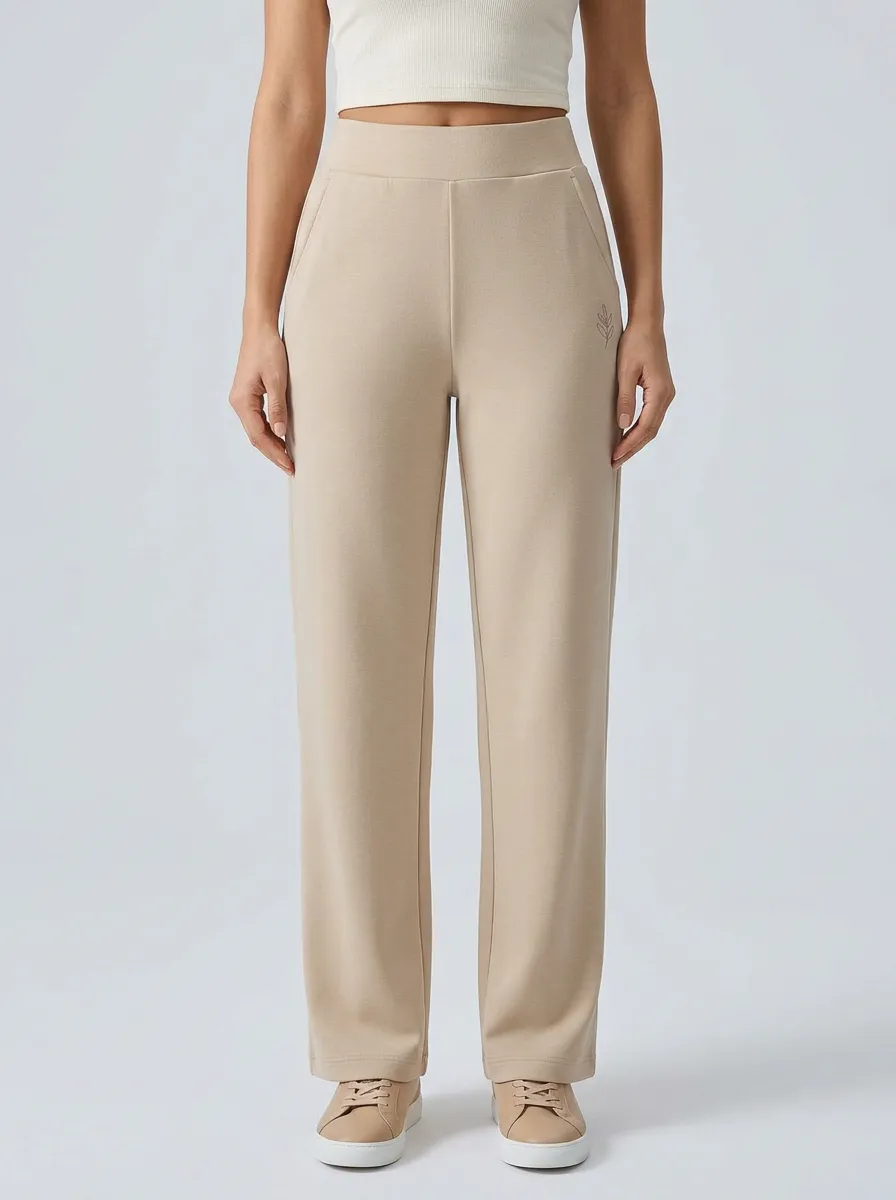 Women's Minimalist Beige Leaf Printed Wide Leg Pants