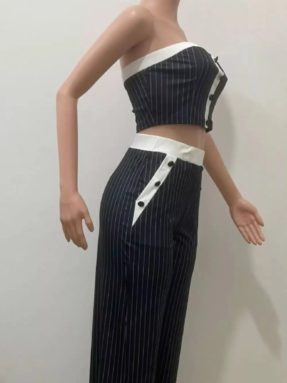 Striped Strapless Crop Top and Wide-leg Pants Set