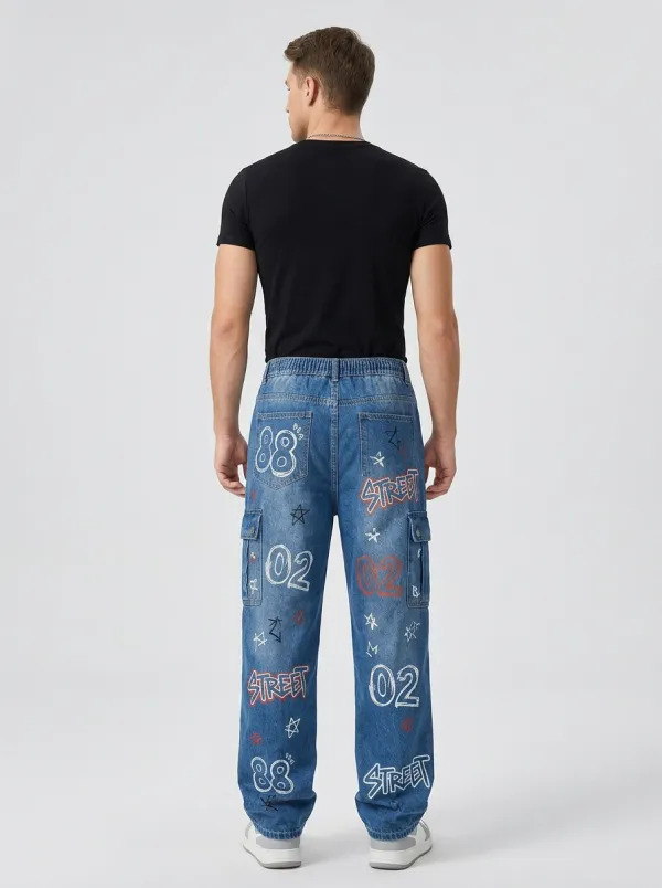 Unisex Contemporary Streetwear Graffiti Star Cargo Jeans