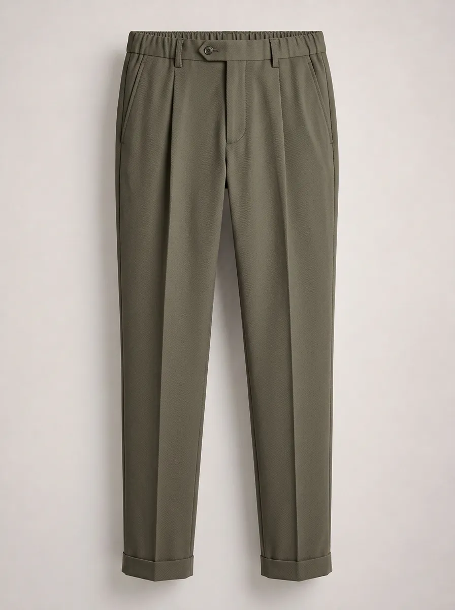 Men's Olive Green Elastic Waist Pleated Casual Trousers