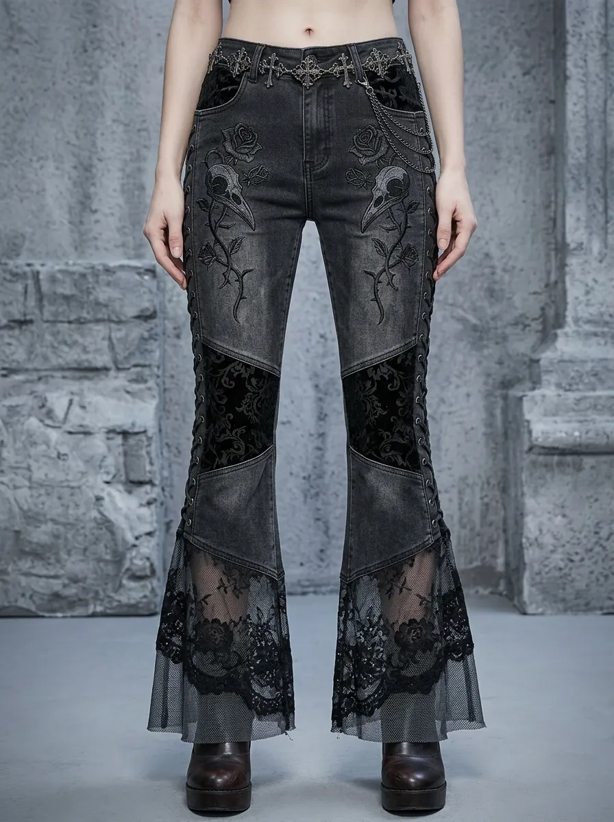 Dark Skull Rose Lace Punk Look Women's Gothic Flare Pants