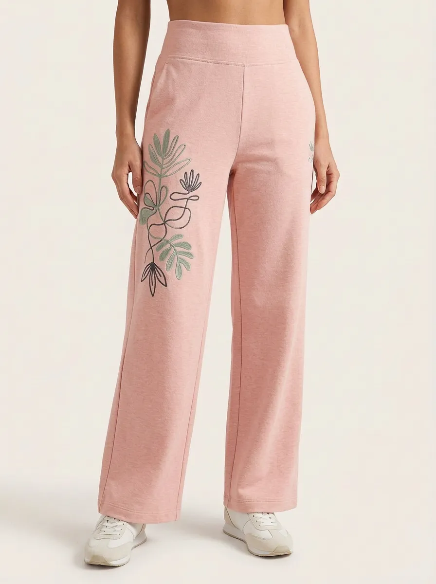 Women's Botanical Line Art Beige Graphic Wide Leg Pants